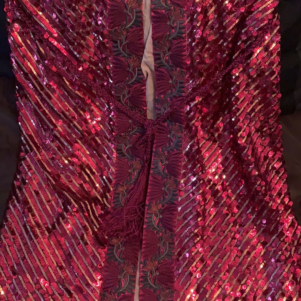 NWOT FREE PEOPLE Red Sequin Long Belted Duster Coat - Picture 6 of 12